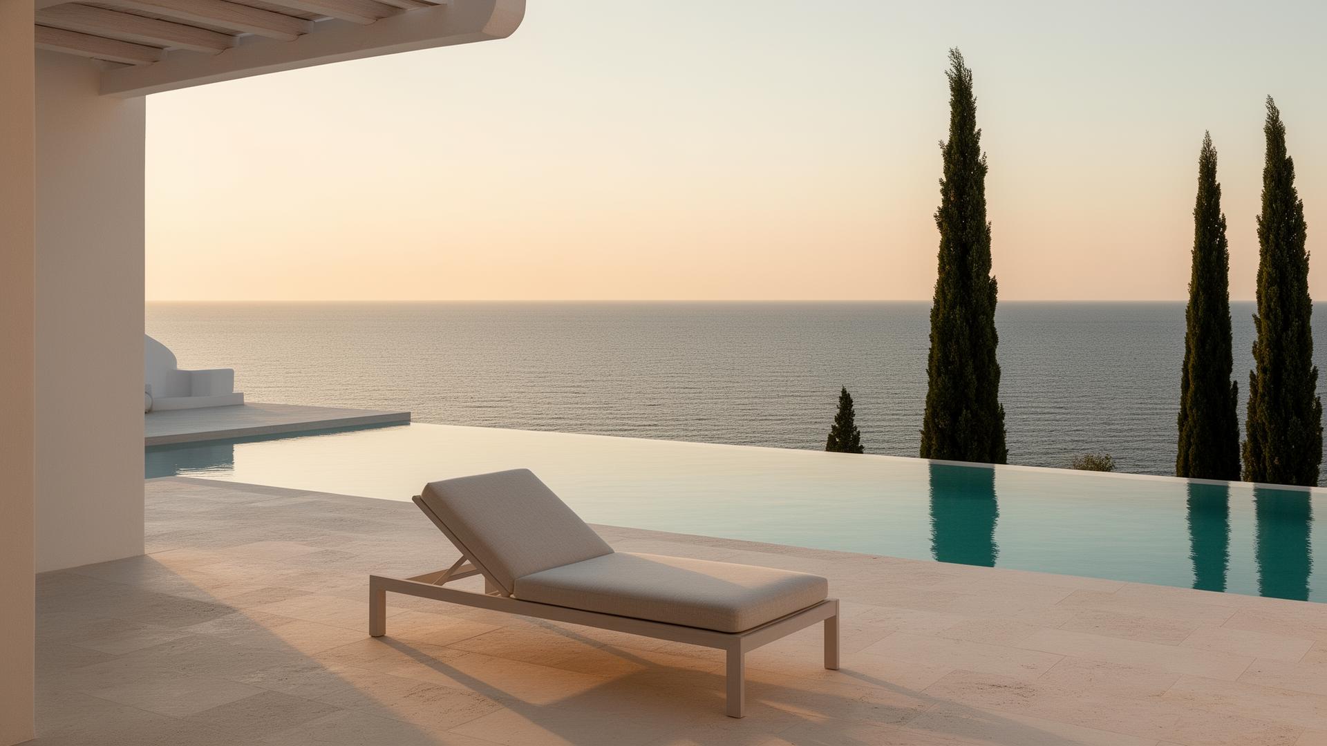 Quiet seaside hotel terrace at golden hour